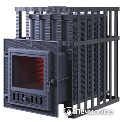 Дровяная банная печь Гефест ЗК в сетке-18 (М) чугунная дверца со стеклом, запатентованная каменка сетка в Лесному